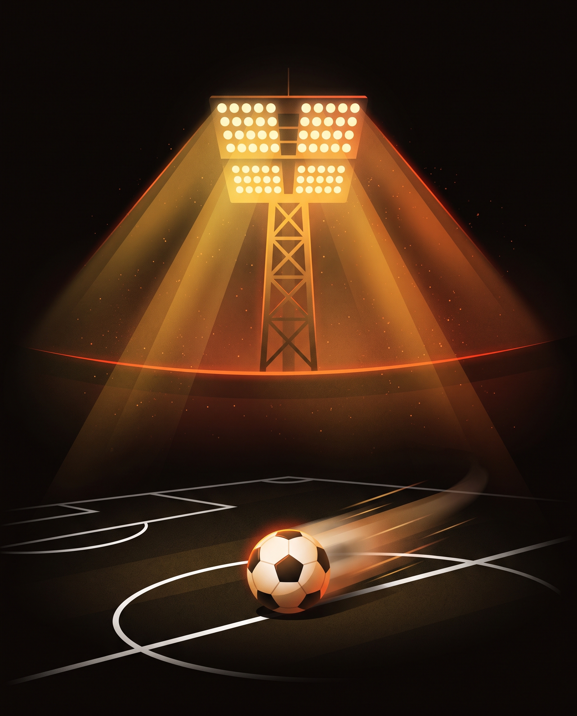 A floodlit stadium at night with a football on the pitch, illustrating the energy of match day